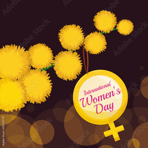 Yellow Flowers of Mimosa with Women's Symbol in a Branch, Vector Illustration