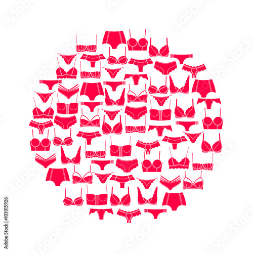 Pink lingerie round composition on white background