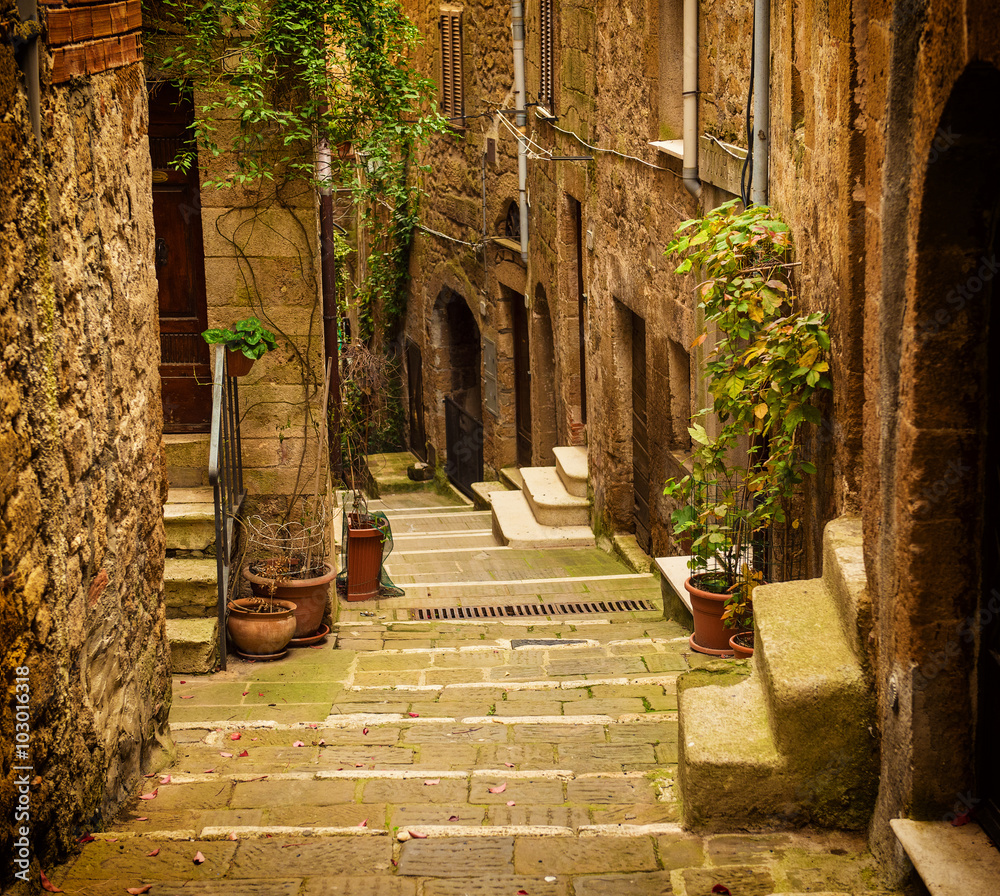 Fototapeta Narrow street of medieval tuff city Pitigliano with green plants and cobblestone stairs, travel Italy vintage  background