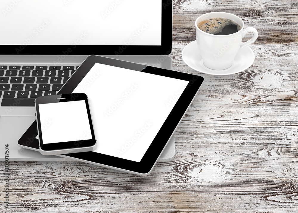 Laptop, phone, tablet pc and coffee. Laptop, phone, tablet pc and coffee.