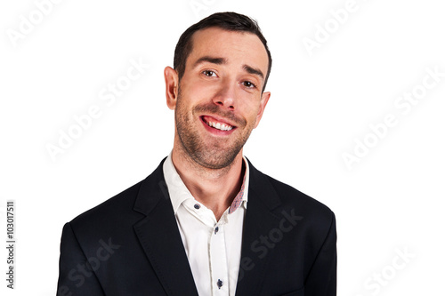 Smiling man in suit isoleted over white background. BLack jacket