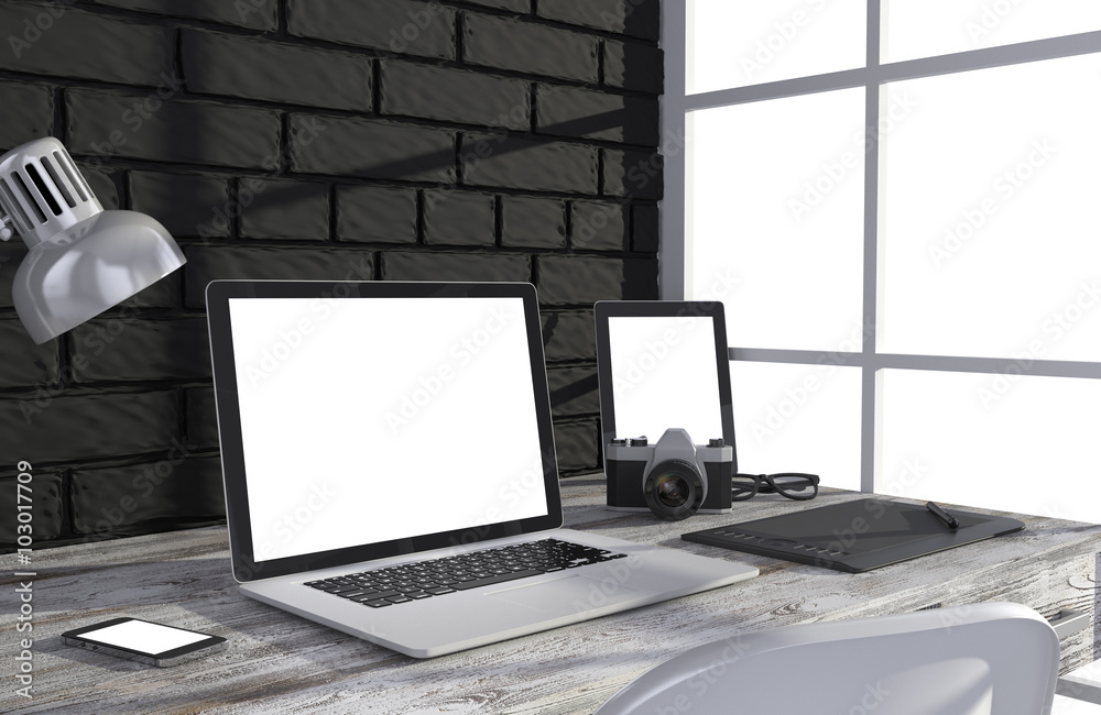 Fototapeta premium 3D illustration laptop and work stuff on table near brick wall, Workspace