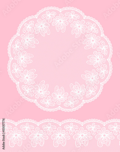 Round lacy frame on pink background with lacy bottom border.