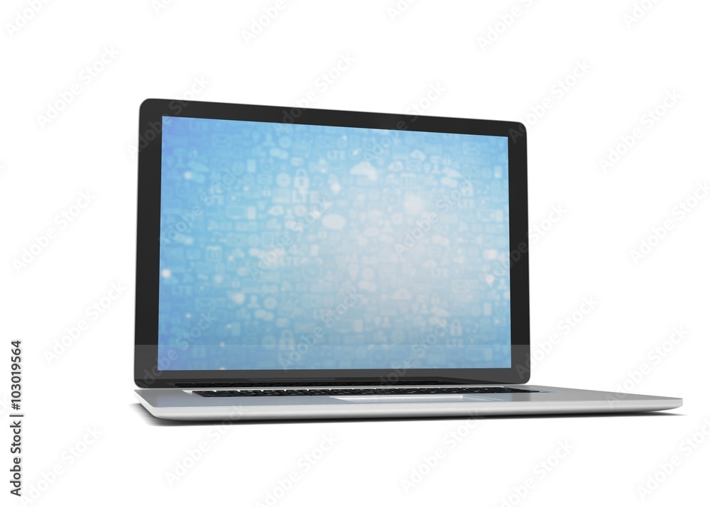 3d rendering of a laptop with blue wallpaper with app icon 3d rendering of a laptop with blue wallpaper with app icon