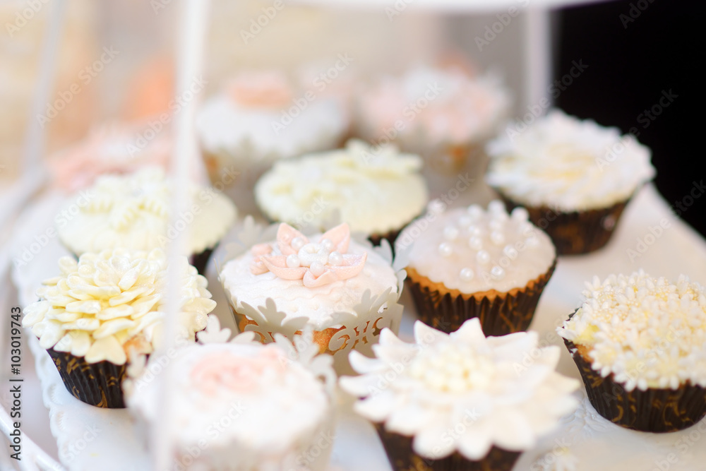 Beautiful desserts, sweets and candy table at wedding reception Beautiful desserts, sweets and candy table at wedding reception