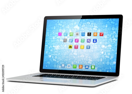 3d rendering of a laptop with blue wallpaper with app icon