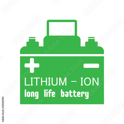Isolated green car battery with the text lithium ion long life battery written with white letters