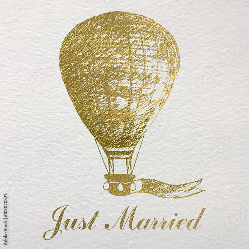 Hand drawn card with gold foil air balloon for newlyweds and wed
