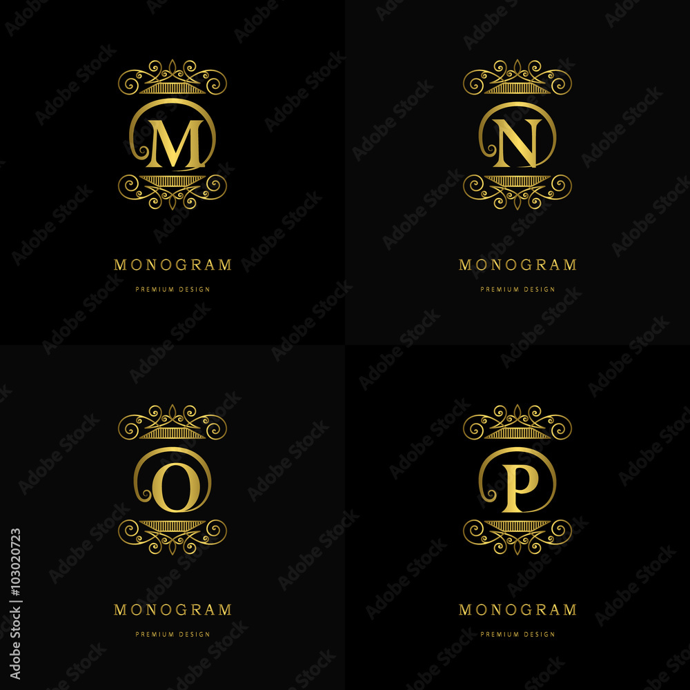 Monogram design elements, graceful template. Calligraphic elegant line art logo design. Letter emblem sign M, N, O, P for Royalty, business card, Boutique, Hotel, Cafe, Jewelry. Vector illustration