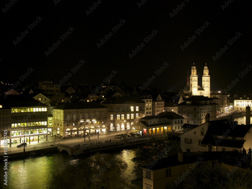 Night view ofThe Grossmünster／Zurich