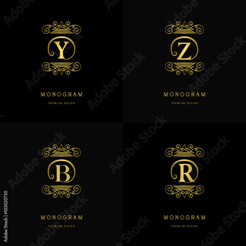 Monogram design elements, graceful template. Calligraphic elegant line art logo design. Letter emblem sign Y, Z, B, R for Royalty, business card, Boutique, Hotel, Cafe, Jewelry. Vector illustration