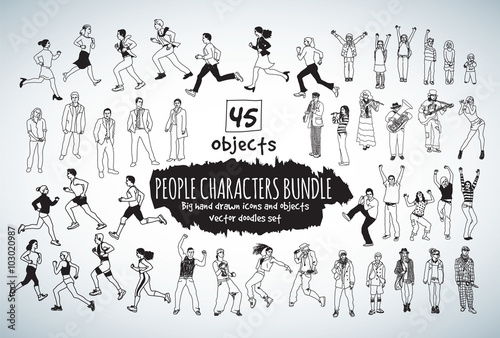 Big bundle people characters doodles black and white icons.