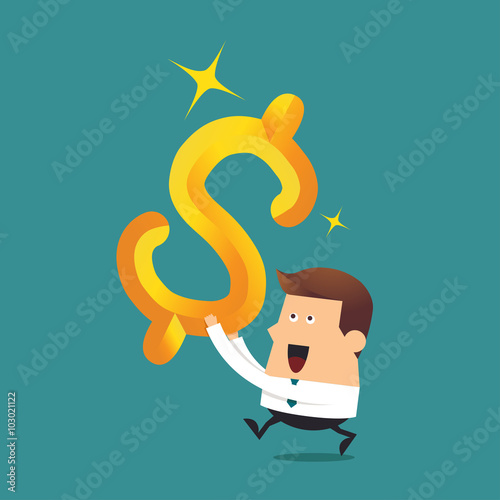 Young businessman with big gold dollar sign, Business concept
