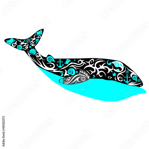 whale a bright illustration, a sea animal with a tail, the mammal living in the sea, the leviathan with a sea pattern, an ornament from cockleshells and flowers, large deep-water fish, 