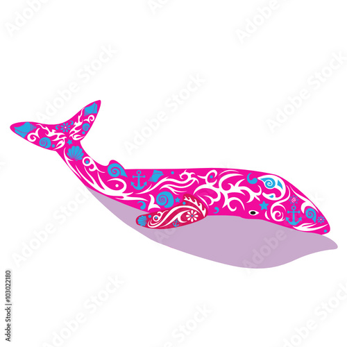 whale a bright illustration, a sea animal with a tail, the mammal living in the sea, the leviathan with a sea pattern, an ornament from cockleshells and flowers, large deep-water fish, 