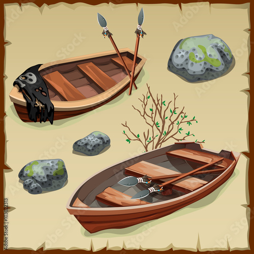 Two ancient pirate boats on land