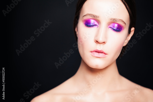 Fashion Woman with Makeup. Eyes Closed