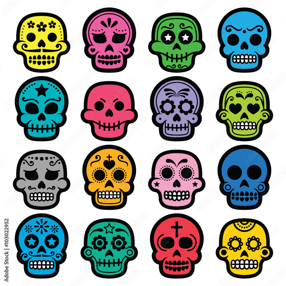 Halloween, Mexican sugar skull, Dia de los Muertos - cartoon icons Halloween, Mexican sugar skull, Dia de los Muertos - cartoon icons