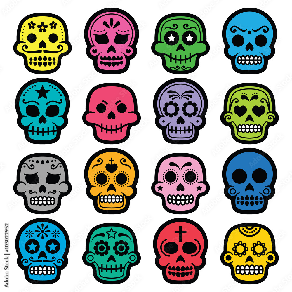 Halloween, Mexican sugar skull, Dia de los Muertos - cartoon icons