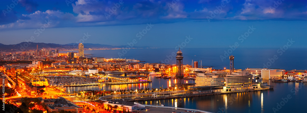Panorama of Port Vell in night. Barcelona