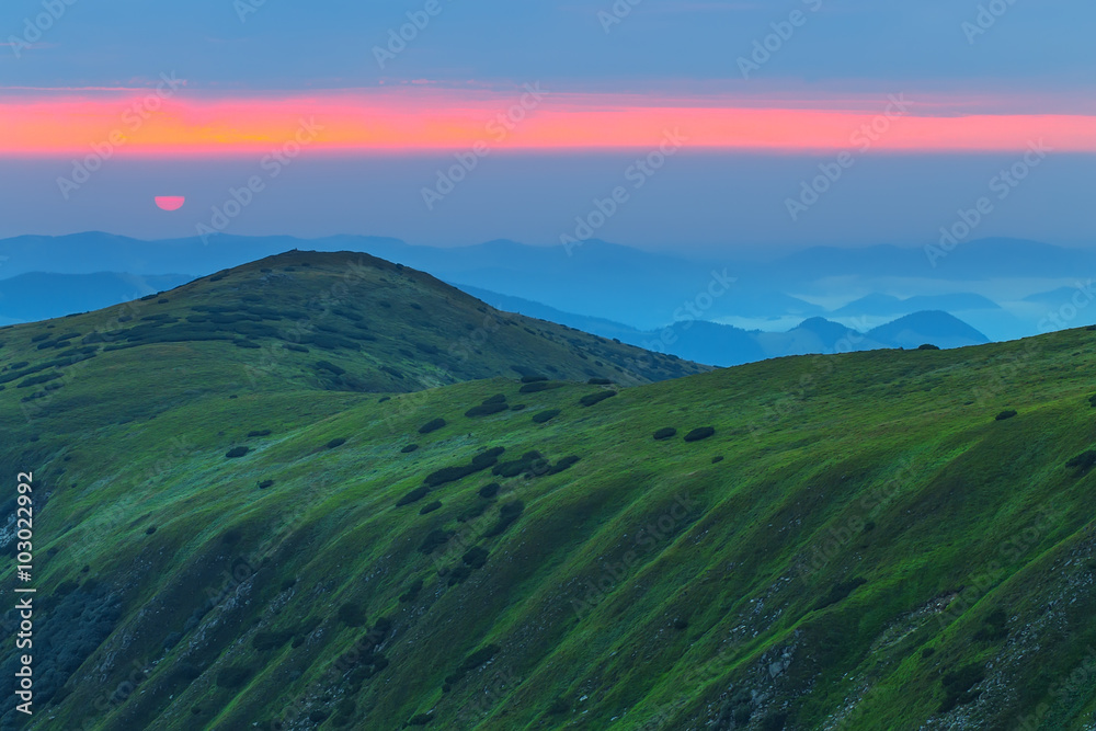 Gorgeous vibrant scenic mountain landscape, sunrise in Carpathia