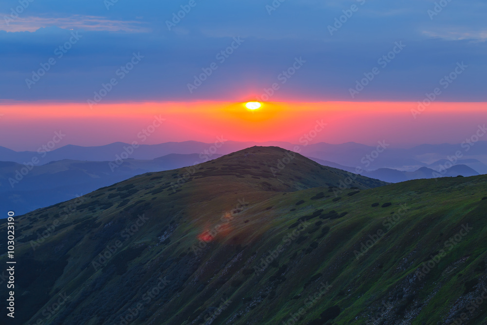 Gorgeous vibrant scenic mountain landscape, sunrise in Carpathia