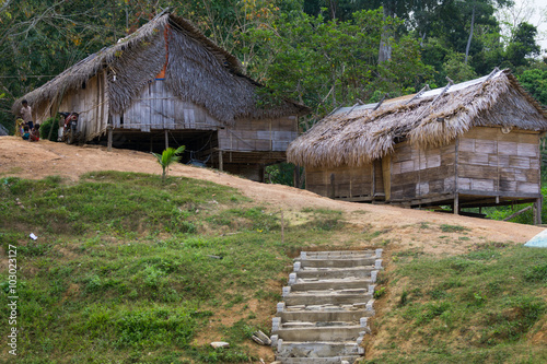 Traditional hut of aboriginal people in Royal Belum national rainforest park. Perak, Malaysia.