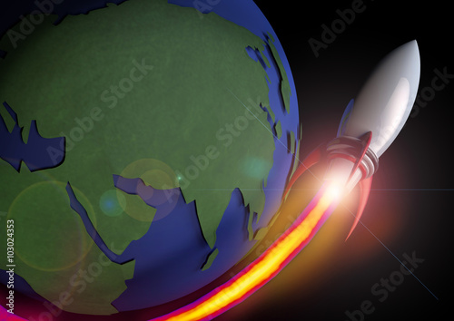 Digital artwork of a rocket blasting around the earth 