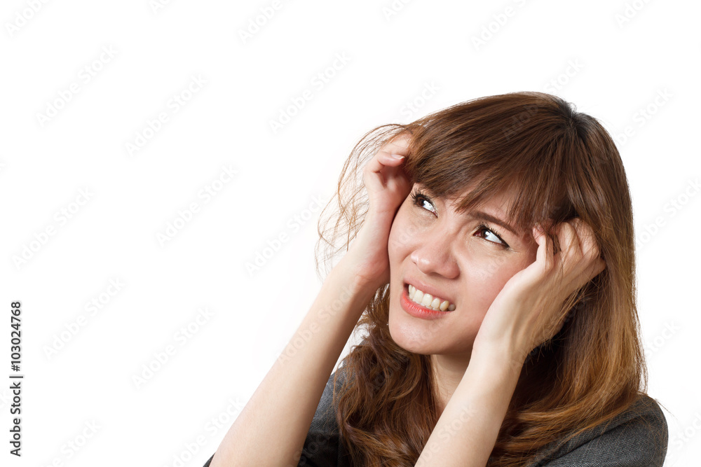 frightened business woman looking up frightened business woman looking up