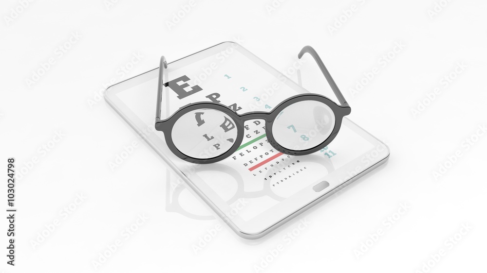 Eyeglasses set on tablet with eyesight test on screen, isolated on white background. Eyeglasses set on tablet with eyesight test on screen, isolated on white background.