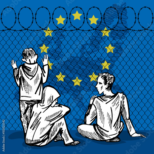 Young refugees, teenagers, children, sit behind the fence of barbed wire. Hand drawn vector illustration.