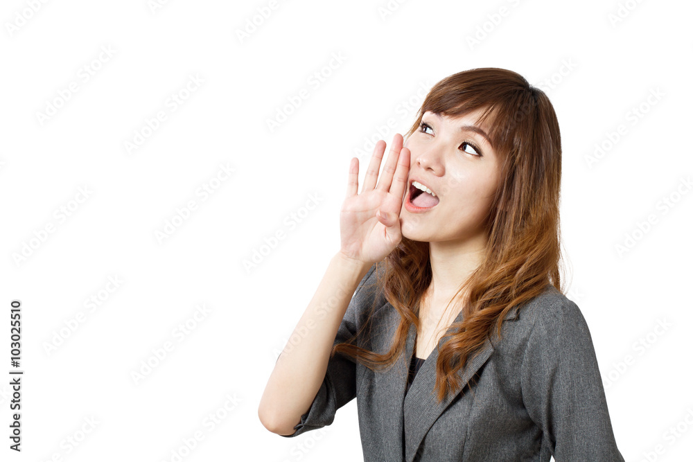 business woman announcing, shouting, speaking business woman announcing, shouting, speaking