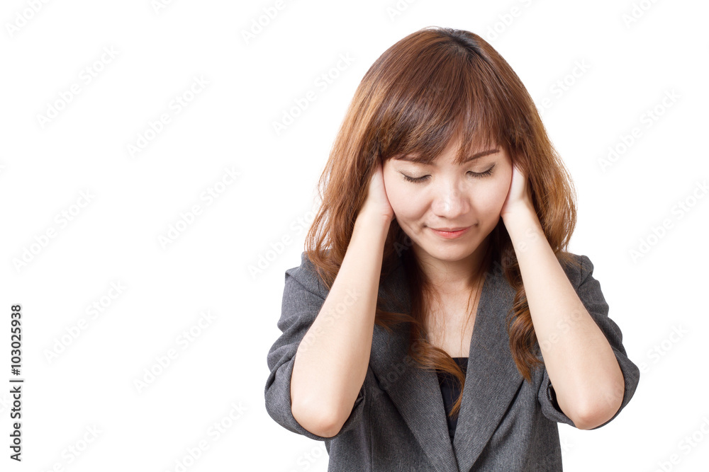 stressed business woman covering her ears stressed business woman covering her ears