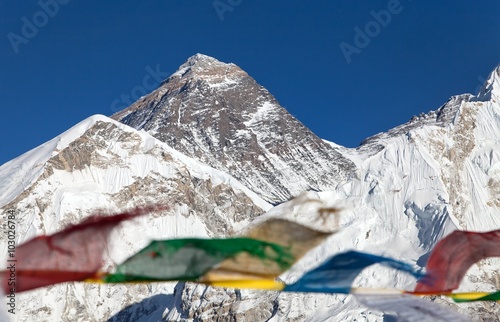Mount Everest with buddhist prayer flags