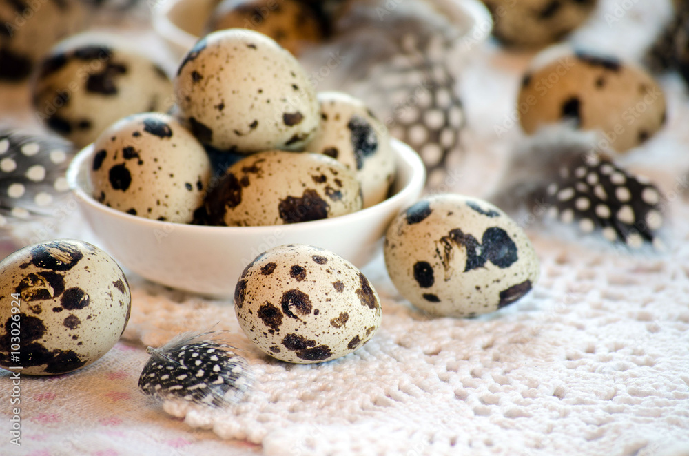 Quail eggs on a platter on the table and feathers