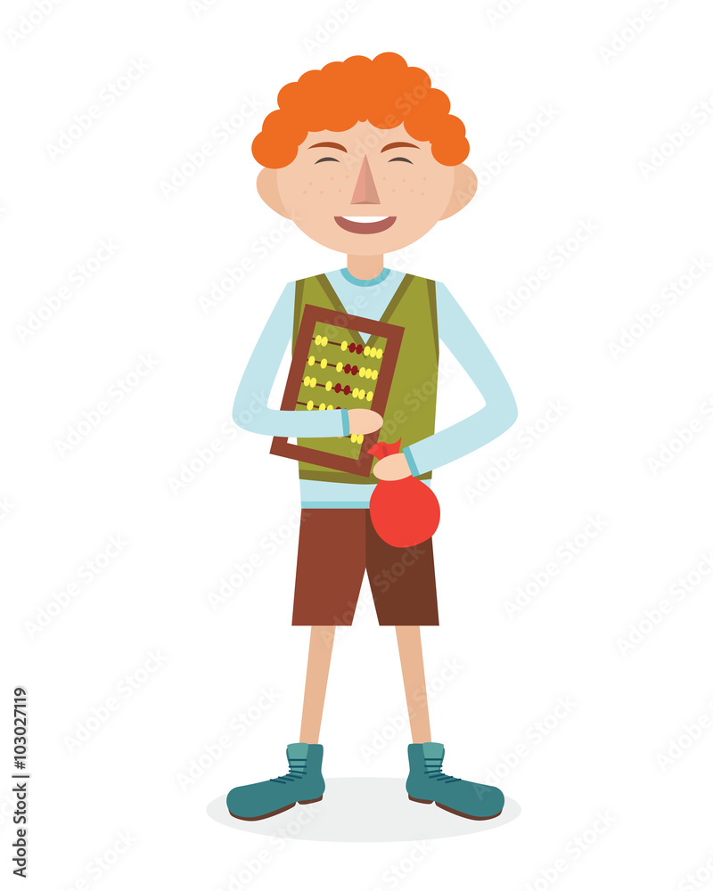 Young boy with money bag and counter