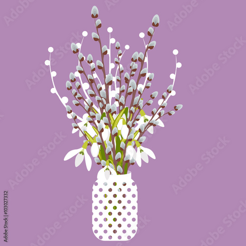 Vector illustration with vase, pussy willow, snowdrops