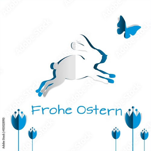 Süßes Osterhäschen mit Schmetterling und Blumen Tulpen Krokusse - Ostergrußkarte Frohe Ostern - blau weiß