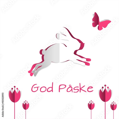 hilsen hilsen fra påske Bunny - Happy Easter - Snup Snup hopper væk hurtigt - Cutout med kanin sommerfugl krokus tulipaner blomster - pink hvid