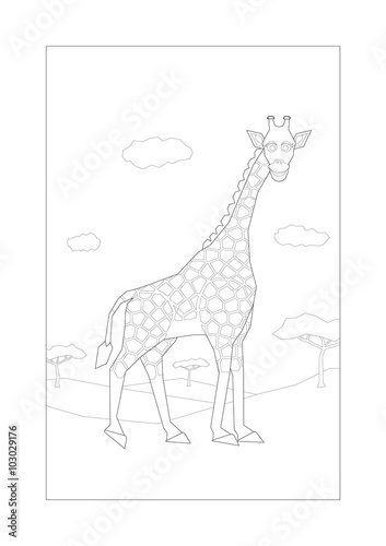 Smiling giraffe walking in savannah for coloring. Suitable for A