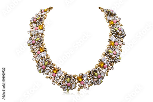 Beautiful Pink, Green & Orange Crystal & Gold Necklace
