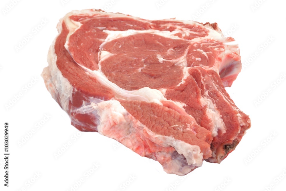 Single Raw Beef Ribeye Steak Isolated On White, Overhead, Closeu Single Raw Beef Ribeye Steak Isolated On White, Overhead, Closeu