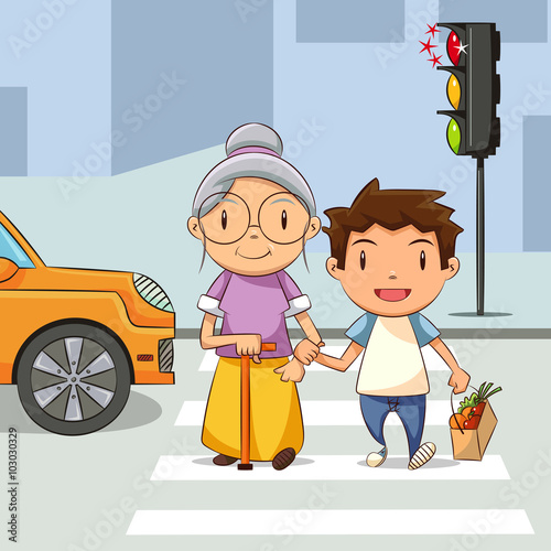 Child helping old woman cross the street