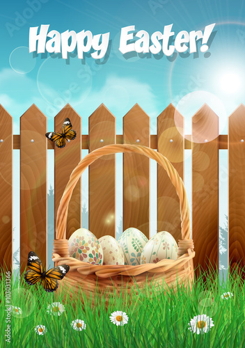 Easter basket with Easter eggs on a field with picket fence. Vector illustration.
