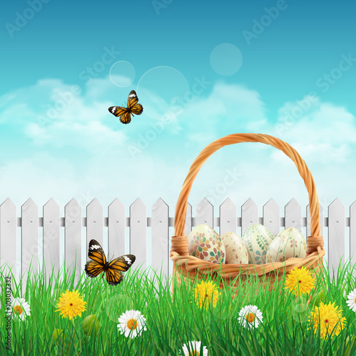 Beautiful Easter basket on a field, vector illustration.