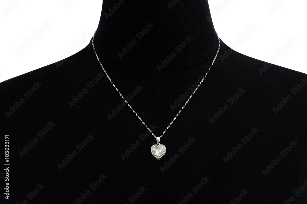 Sparkling Green Amethyst Gemstone Heart Necklace in Silver on a Bust