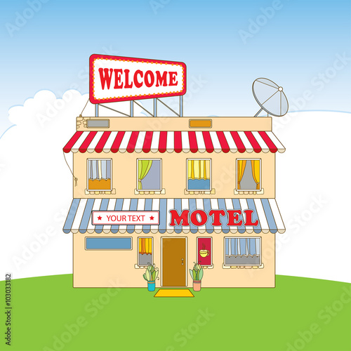 Small two-storey beige motel with the word Welcome on the signboard. Architectural elements in contour style.
