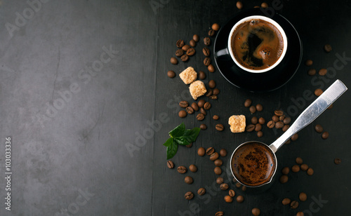 Coffee beans and coffee pot