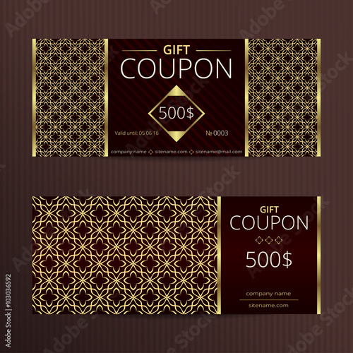 Gift voucher with elegant noble design. Vector template for coupon in luxury style. Voucher vector template. Classic gift coupons.