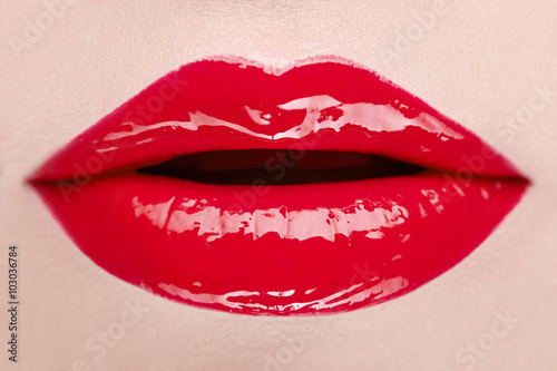 Beautiful bright red lips. Makeup. Closeup
